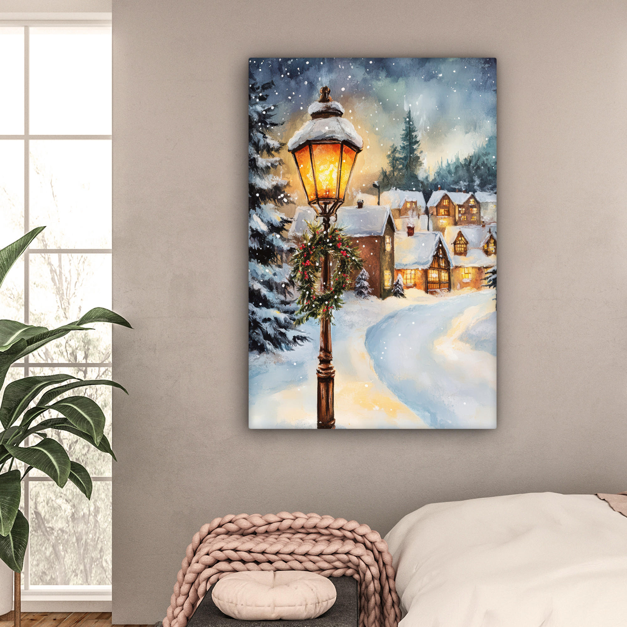 LEINWANDBILD Weihnachtsdorf - Häuser - Schnee - Weihnachten 90x140 cm - Sandfarben, Textil (90/140cm) - MuchoWow