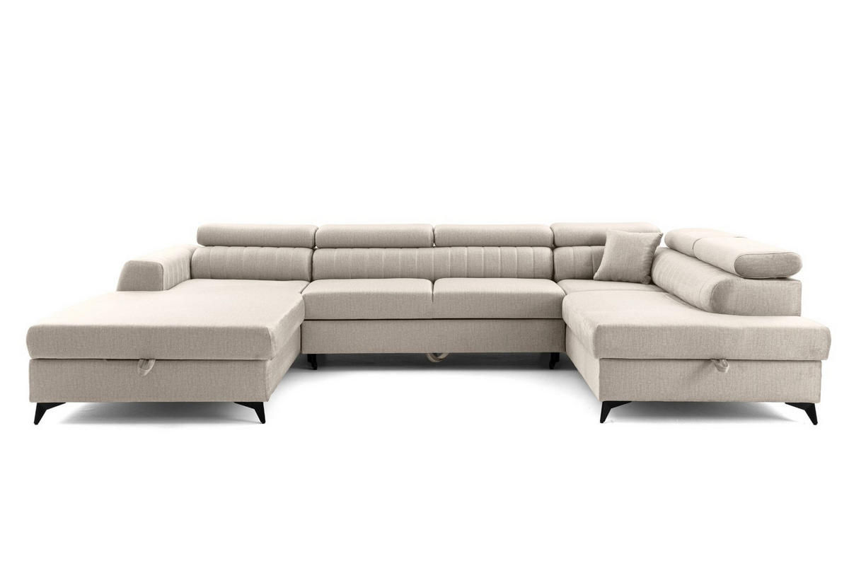 ECKSOFA U-Form PIERO U Rechts mit Schlaffunktion 125x260 Velours Creme - Creme/Schwarz, Holz/Textil (203/90/350cm) - Muffo