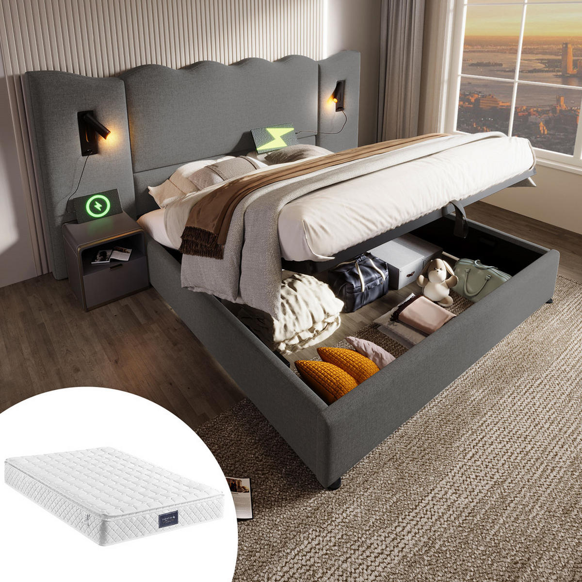 POLSTERBETT 160x200cm Doppelbett Leselampe USB-C Stauraum Grau Leinen - Grau, Holz - FLIEKS