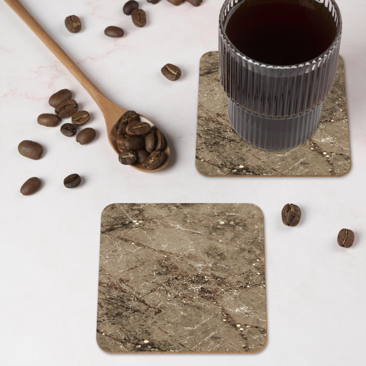 GLASUNTERSETZER 6er-Set Marmor - Braun - Glitter 10x10 cm - Braun, Naturmaterialien (10/0.2cm) - MuchoWow