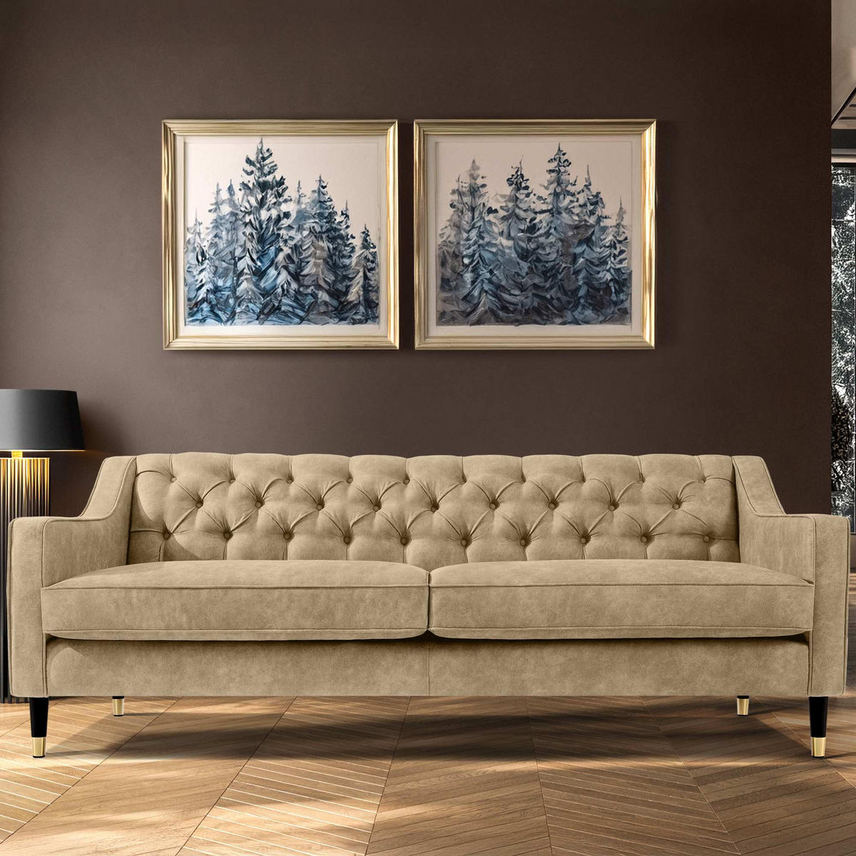 3-SITZER-SOFA NOMUS Velours, gesteppt, leicht Beige - Wengefarben/Hellbraun, Holz/Holzwerkstoff (192/78/80cm) - KONSIMO®