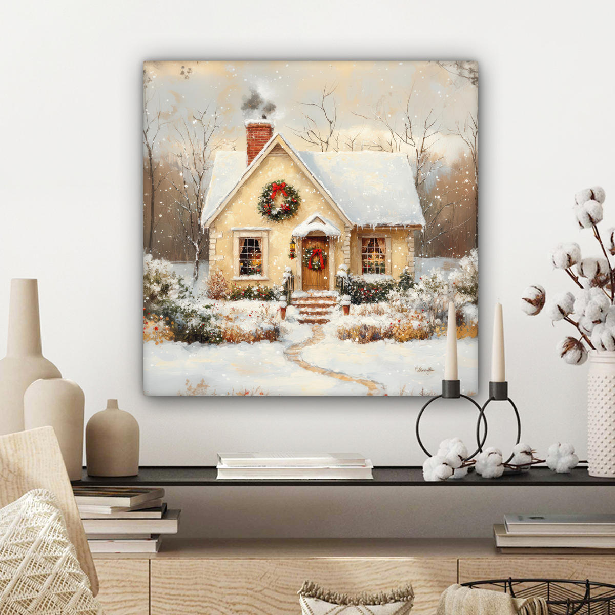LEINWANDBILD Weihnachten - Zuhause - Winter - Schnee Wandbild Wohnzimmer 50x50 cm - Creme, Textil (50/50cm) - MuchoWow