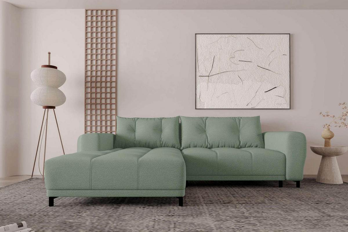 ECKSOFA Massimo Strukturstoff Salbeigrün inkl. Schlaffunktion Links - Salbeigrün/Schwarz, Textil/Metall (246/177cm) - 99rooms