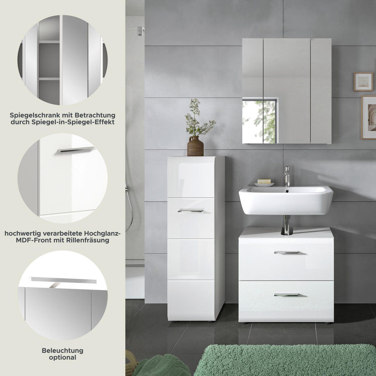 BADEZIMMER 3 tlg. Alba Bad in weiß und weiß hochglanz B/H/T: 105x185x30 cm - Weiß, Holz (105/185/30cm)