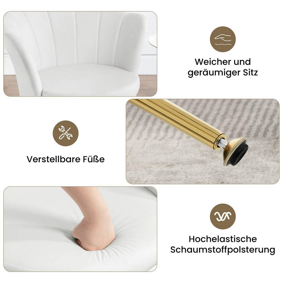 RELAXSESSEL Blumenform, Samtbezug, Weiß+Gold - Goldfarben/Weiß, Textil/Metall (68/75/62cm) - Woltu
