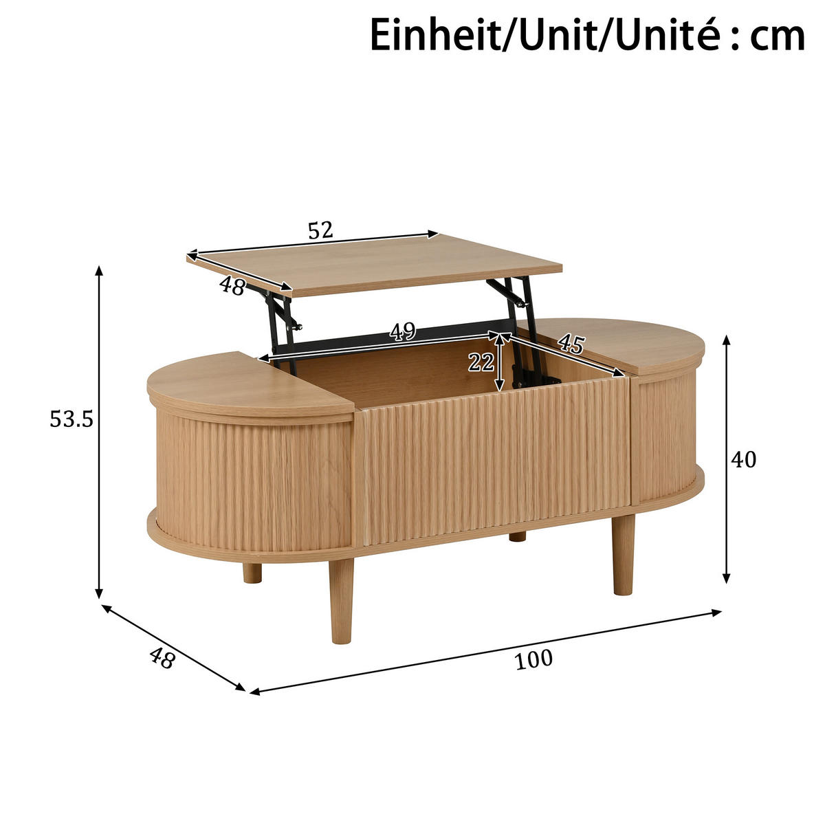 COUCHTISCH 100/48/53,5 cm eiche aus MDF mit höhenverstellbarer Tischplatte - Eichefarben, Holzwerkstoff (100/48/53.5cm) - OKWISH