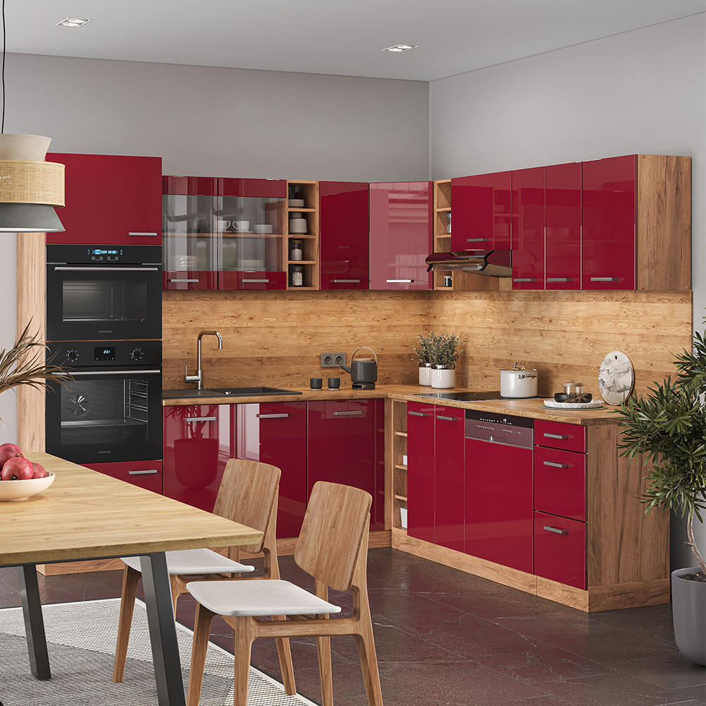 ECKKÜCHE R-Line Rot Hochglanz/Goldkraft Eiche 247 x 46 cm ohne Arbeitsplatte - Honigeiche/Rot, Holzwerkstoff (247/81.6/46cm) - Vicco