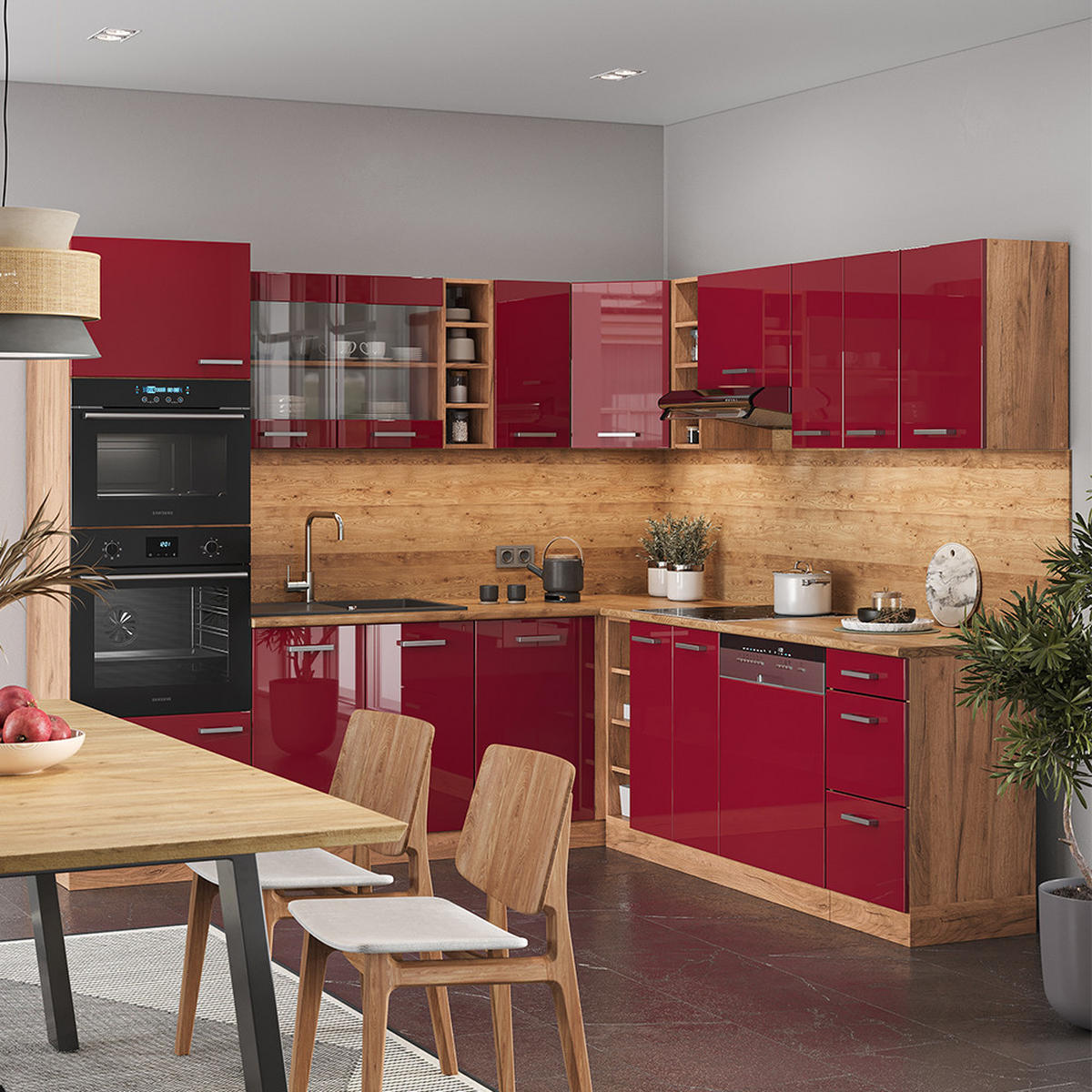 ECKKÜCHE R-Line Rot Hochglanz/Goldkraft Eiche 237 x 247 cm AP Eiche - Rot/Eiche Wotan, Holzwerkstoff (247/81.6/60cm) - Vicco