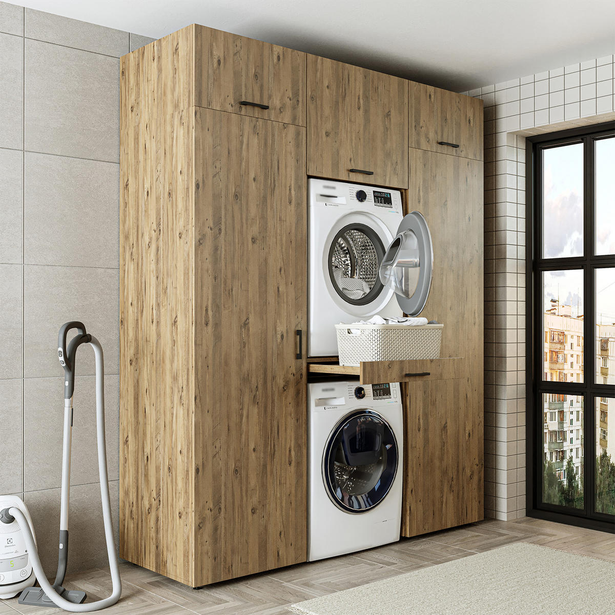 WASCHMASCHINENSCHRANK DUO-I 187cm Breit, 240cm Hoch - Eichefarben, Holzwerkstoff (187/240/67cm)