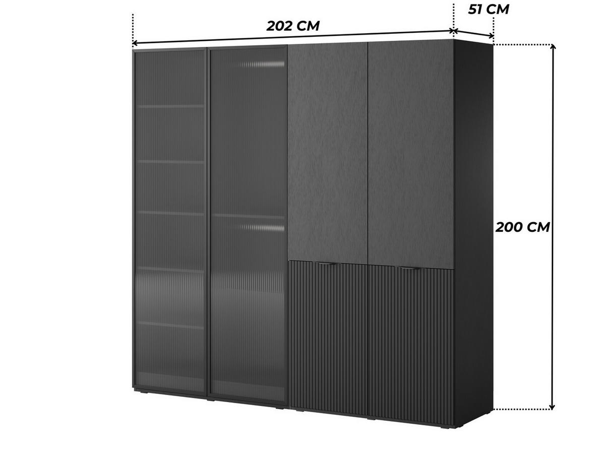 KLEIDERSCHRANK ZEN (Modular, Schwarz Matt, Schwarz & Geriffeltes Glas Flutes, 4-türig) - Schwarz, Holz/Holzwerkstoff (202/200/51cm) - Ravio