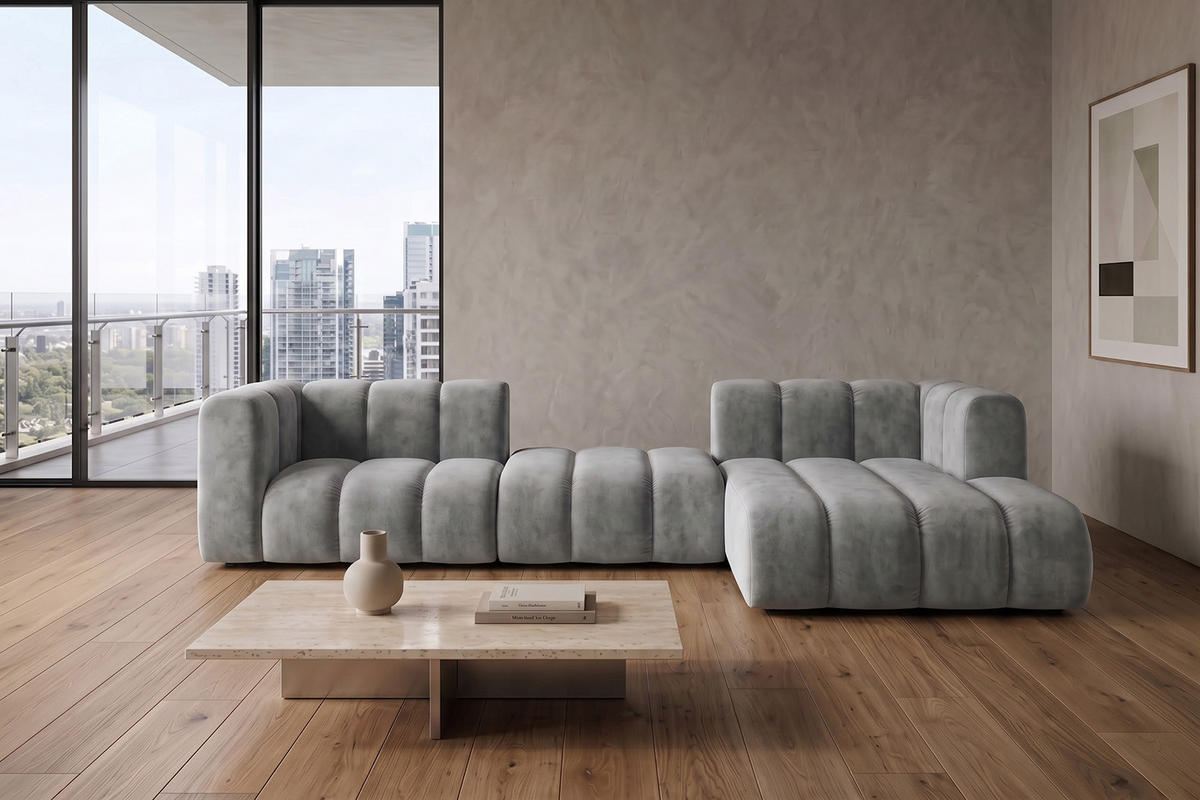 ECKSOFA Modulares In L-Form, Velvet-Stoff Riviera, Grau, Rechts, GRAND 319 cm - Grau, Holz (319/175cm) - Kaiser Möbel