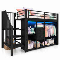 HOCHBETT 90/200 mit LED, 2 Schubladen und offenem Kleiderschrank in Schwarz - Schwarz, Holzwerkstoff/Textil (90/200cm) - EVRYAE