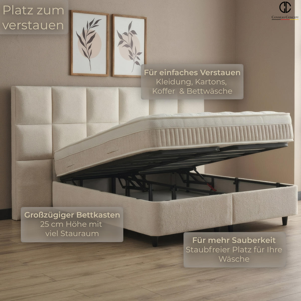 BOXSPRINGBETT MIT BETTKASTEN CANNES 160/200 cm, Ivory, Bettkasten, Matratze, Topper integriert, H3 mittel 7-Zonen Matratze - Creme/Schwarz, Holz/Kunststoff (160/200cm) - Consilio Concept