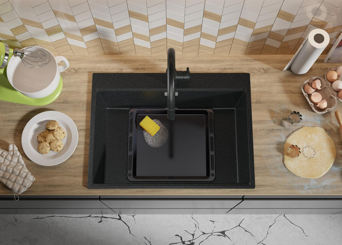 SPÜLBECKEN Oslo, 2-er set Anthrazit 68/50 cm 1 Becken + Ablauf-Set + Schneidebrett ab 70er Unterschrank - Chromfarben/Anthrazit, Kunststoff (68/20/50cm) - Primagran