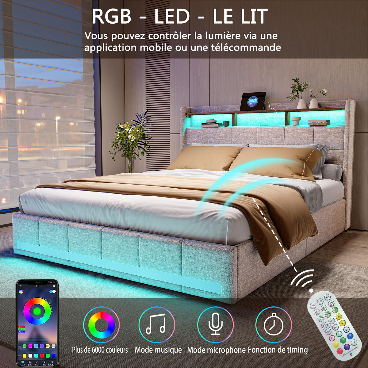 POLSTERBETT 160x200 cm, Beige, mit USB, LED-Beleuchtung - Beige, Textil/Metall (160/200cm)