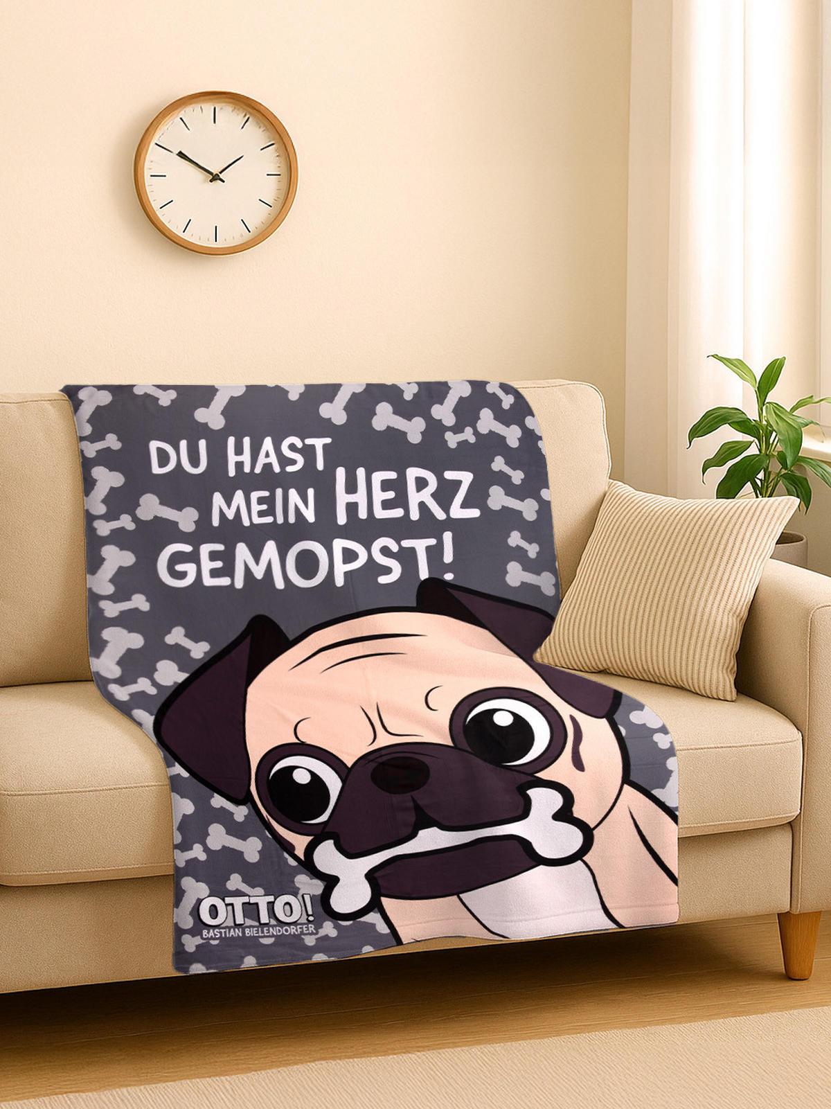KUSCHELDECKE Bastian Bielendorfer Mops Otto Du hast mein Herz gemopst! Grau 130 x 170 cm - Grau, Textil (130/170cm) - United Labels
