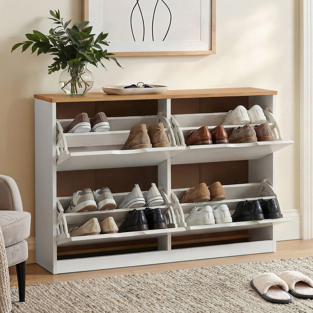 SCHUHSCHRANK BASIL weiß/braun - Weiß/Braun, Holz (115/79/25cm) - IDIMEX