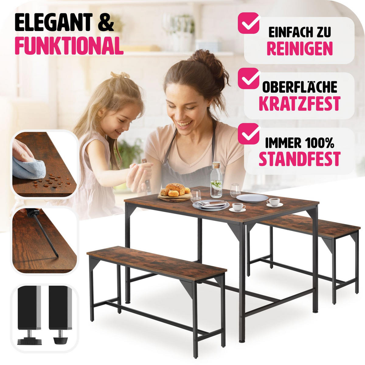 SITZGRUPPE Bolton,mit höhenverstellbaren Kunststofffüßen,Industrial Holz dunkel, rustikal - Rostfarben, Holz (130/75/100cm) - tectake