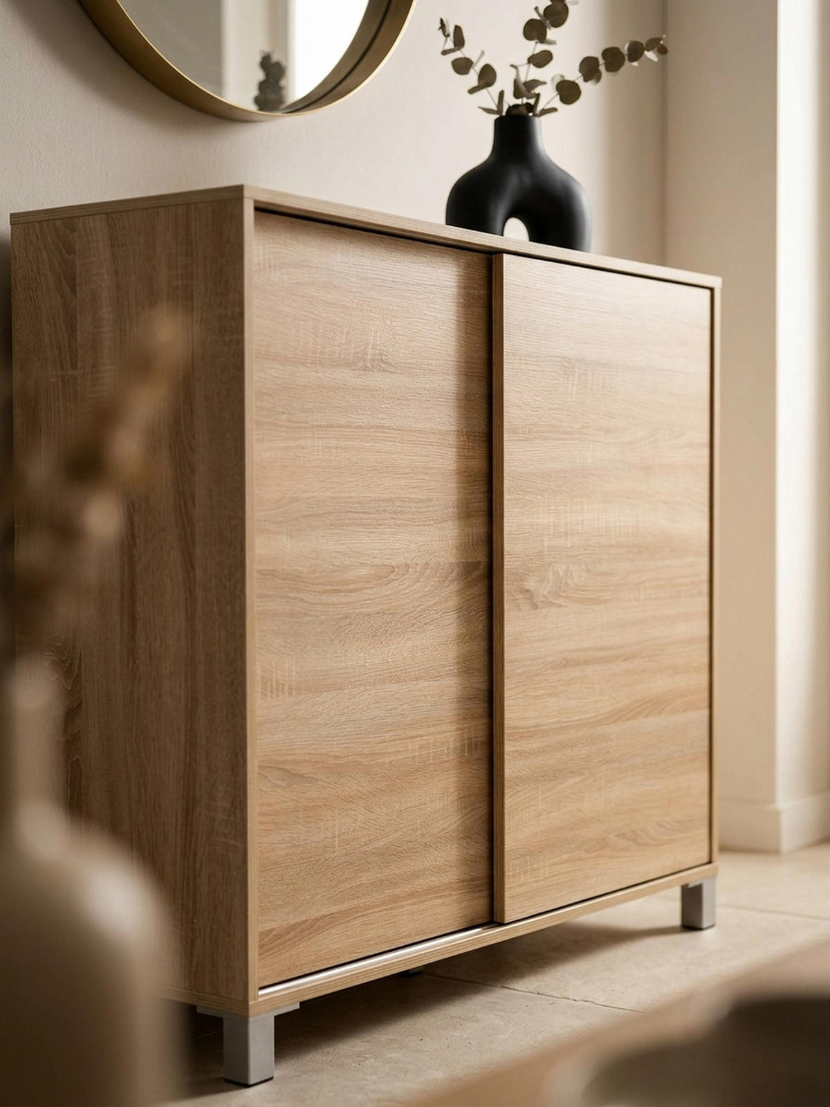 SCHUHSCHRANK Holz für 20 Paar Schuhe mit Schiebetüren, Beige 100x38x108 cm - Beige/Silberfarben, Holz/Kunststoff (100/108/38cm) - KADIMA DESIGN