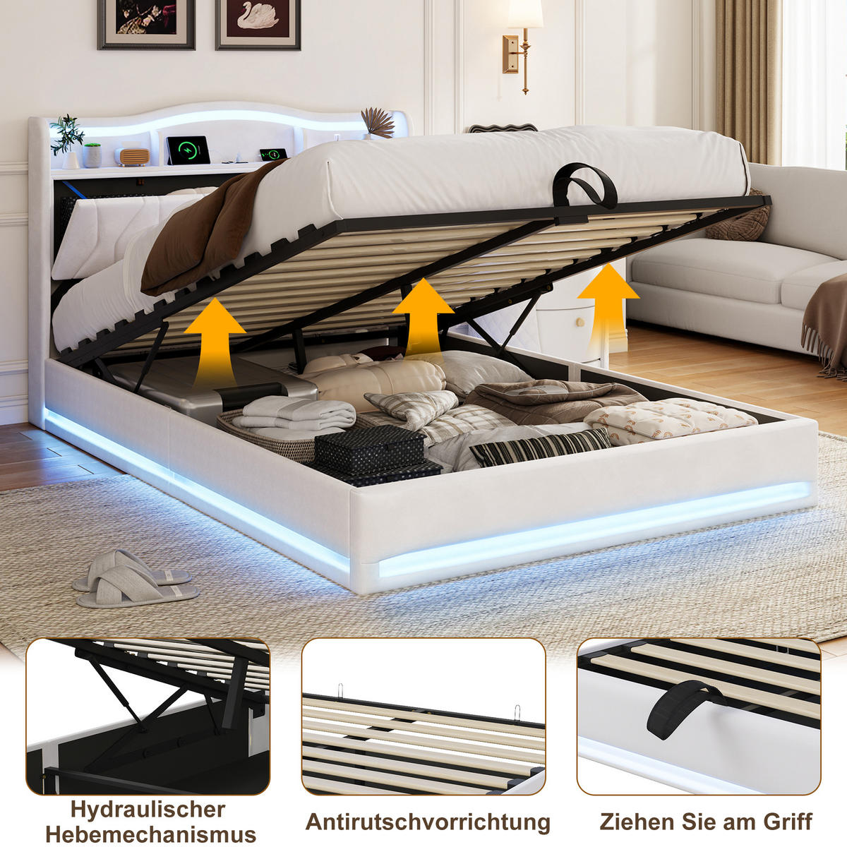 POLSTERBETT 140x200 cm mit Stauraum‑Kopfteil, Hydraulik‑Stauraum, LED und USB‑C‑Ladeanschlüsse, Velours‑Stoff, Weiß - Weiß, Holz (140/200cm) - BRILVERDE