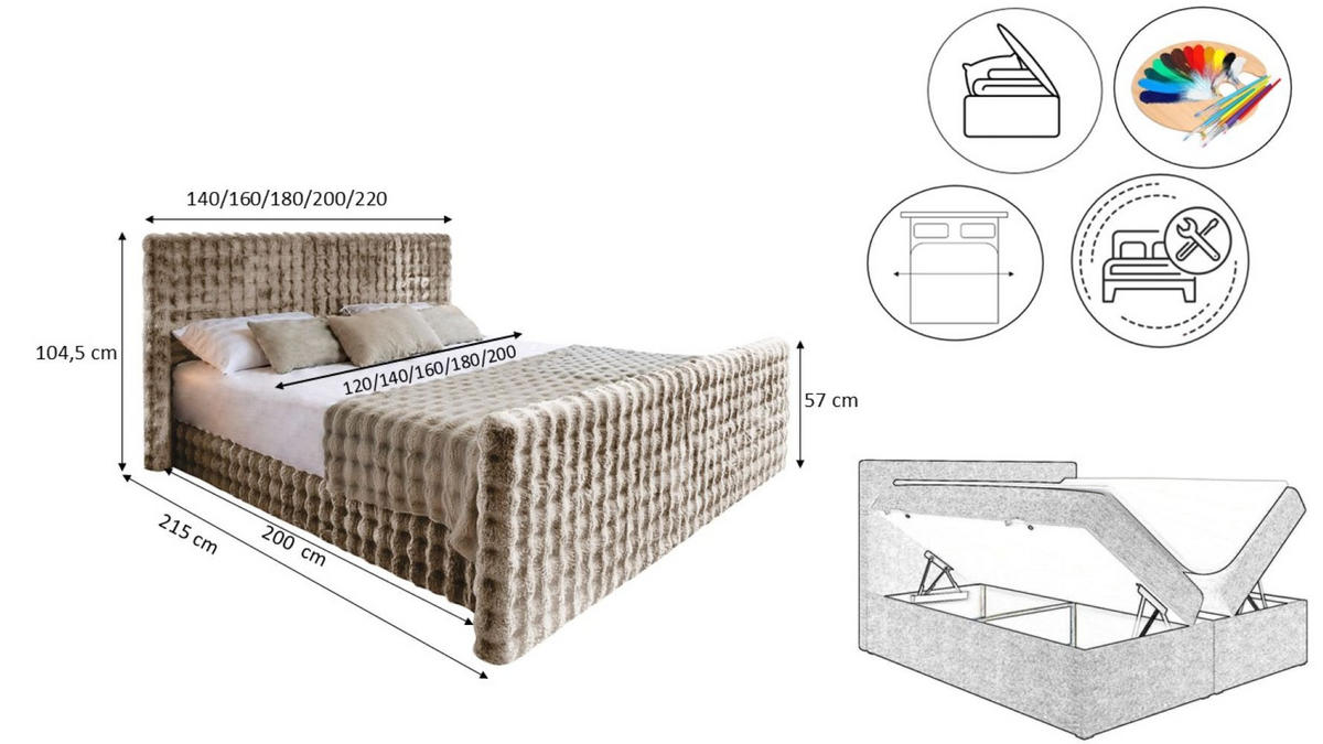 BOXBETT Mit Bettkasten, Matratze Und Topper BLANKET Stoff Bubble 180x200 cm Hellbraun H3-Bonell - Hellbraun, Holz/Textil (180/200cm) - Kaiser Möbel