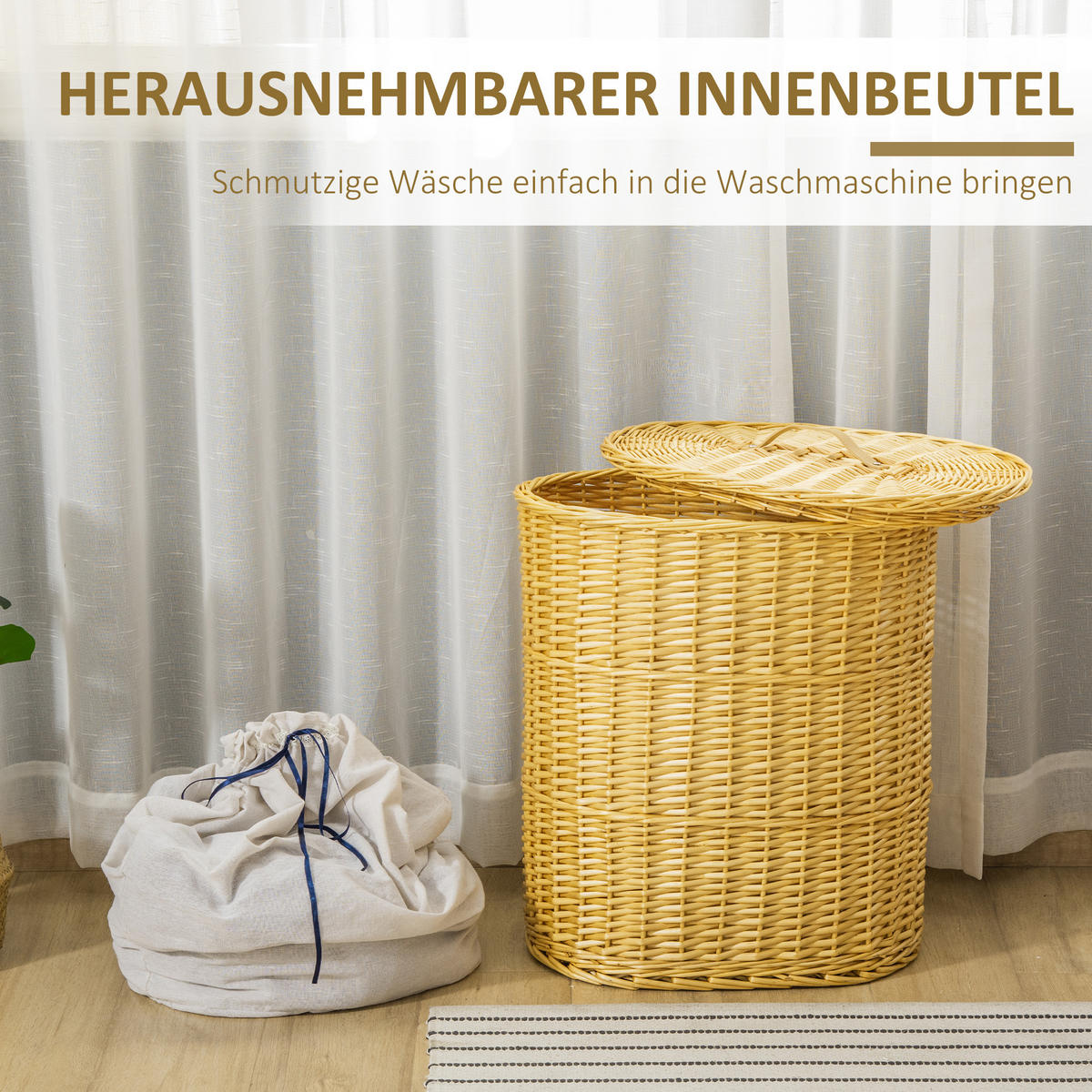 WÄSCHEKORB, Weidenrute, Naturholz - Naturfarben, Holz (38/57/51cm) - HOMCOM