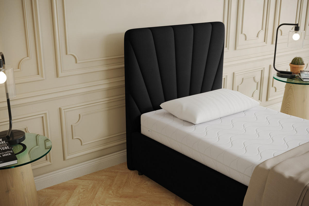 POLSTERBETT Ray 90 x 200 cm mit Bettkasten, Lattenrost und Taschenfederkernmatratze Pocket mit Kokosmatte - Schwarz - Schwarz, Holz (90/200cm) - Panda Möbel