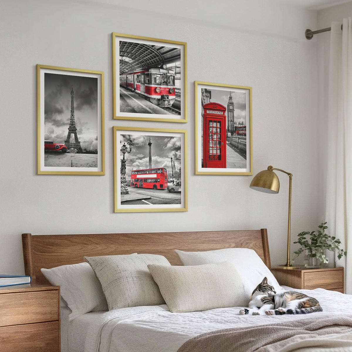 BILDER SET 4er Set - 50x50 cm & 40x60 cm Goldrahmen - Ikonische Städte London Paris Eisenbahn - Goldfarben, Kunststoff (50/50cm) - TULUP
