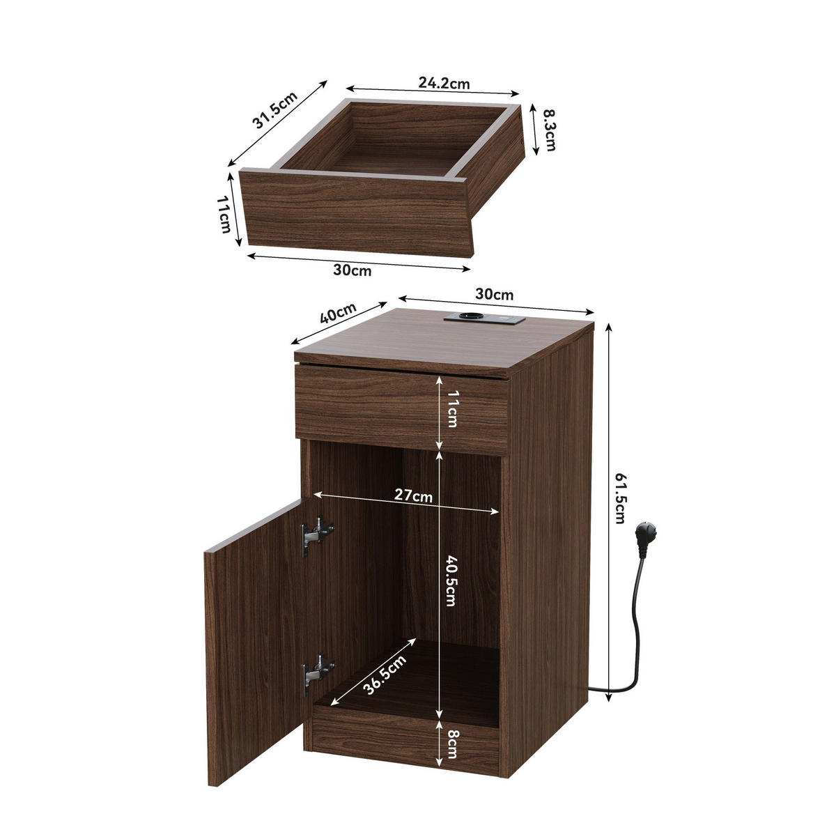 NACHTTISCH aus MDF 40x33x61,5 cm Braun mit USB-A, USB-C, Steckdose, Schublade und Mülleimer - Braun, Holzwerkstoff (33/61.5/40cm) - Modfu