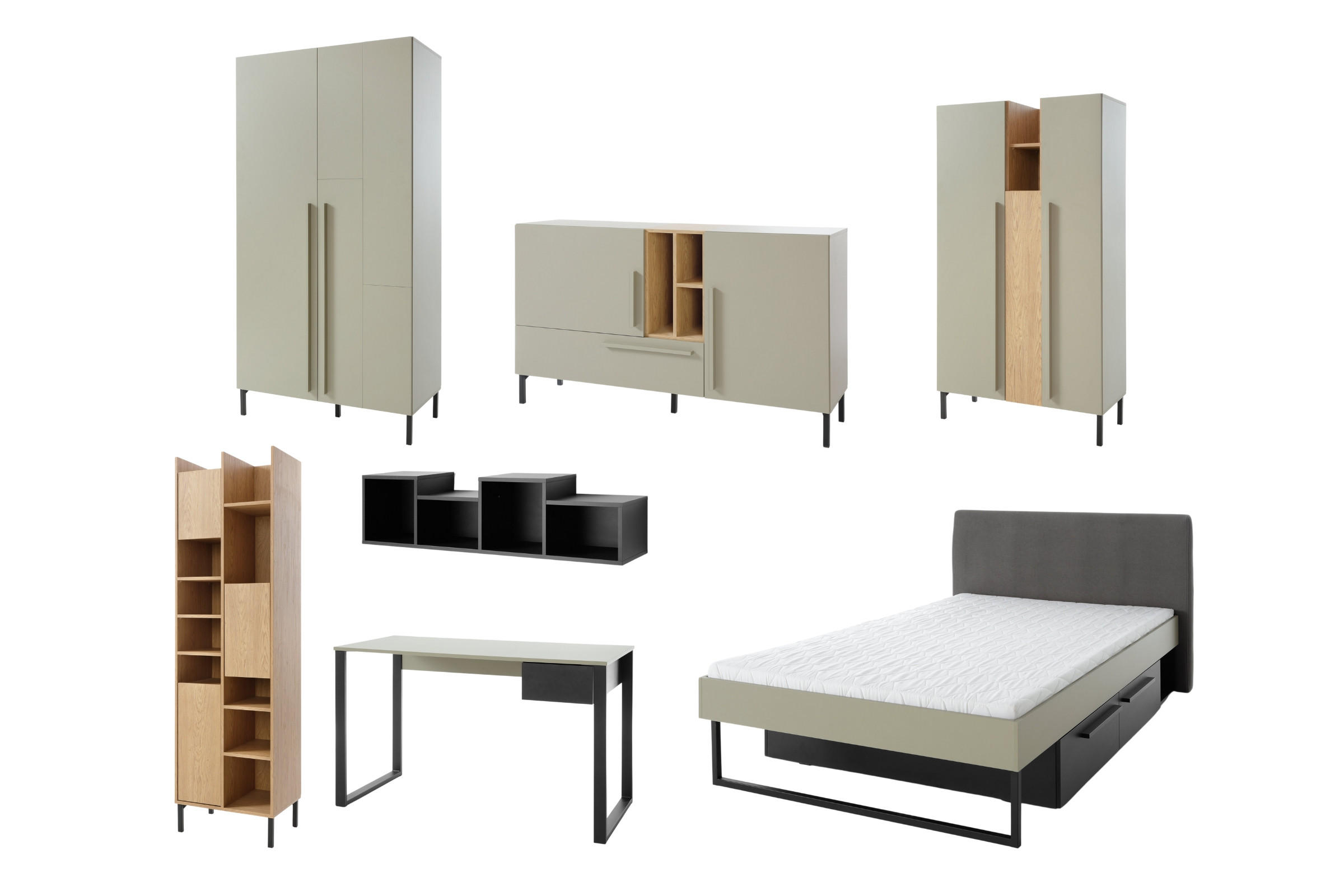 JUGENDZIMMER-SET SORENTO B 7-teilig in Eukalyptus/Baltic Düne Eiche/Schwarzer Onyx - Eukalyptusholzfarben/Eichefarben, Holzwerkstoff (662/195/212cm) - Deine Möbel 24