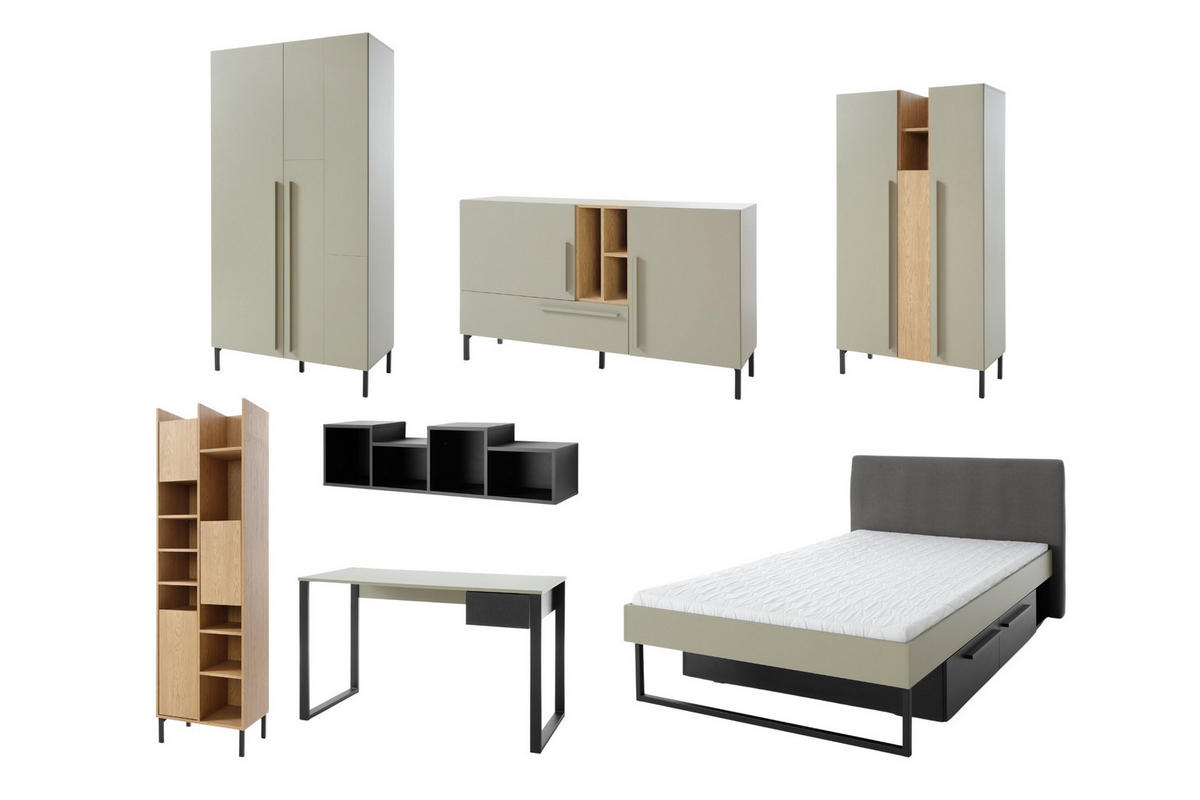 JUGENDZIMMER-SET SORENTO B 7-teilig in Eukalyptus/Baltic Düne Eiche/Schwarzer Onyx - Eukalyptusholzfarben/Eichefarben, Holzwerkstoff (662/195/212cm) - Deine Möbel 24