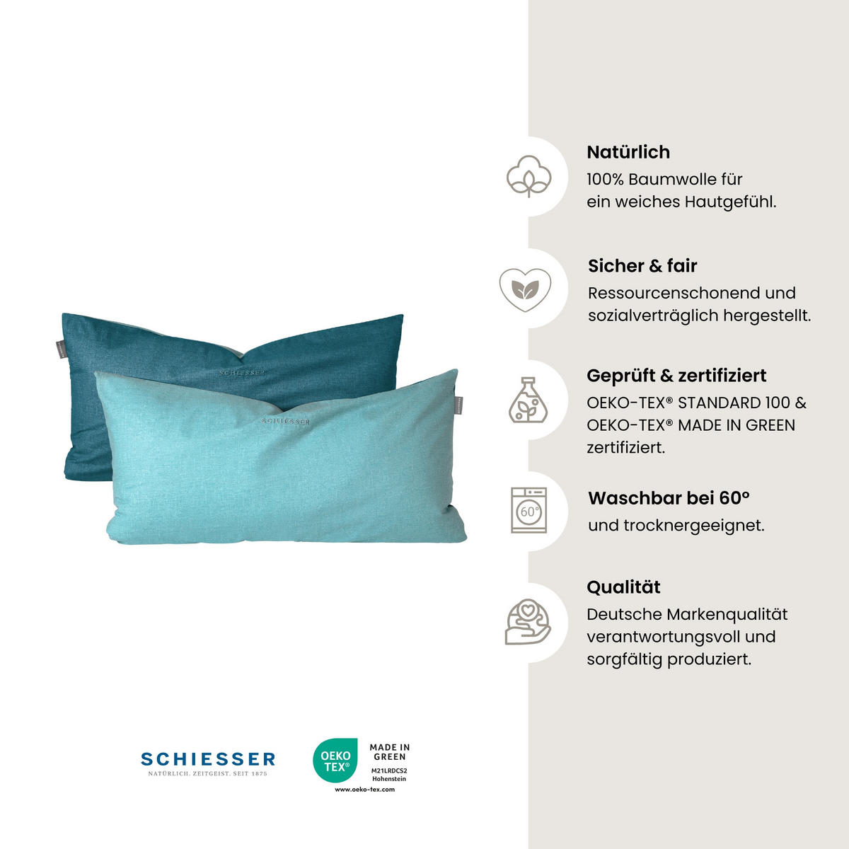 KISSENHÜLLENSET Doubleface - Renforcé - 2-teilig - 40 x 80 cm - Türkis - Türkis, Textil (40/80cm) - SCHIESSER