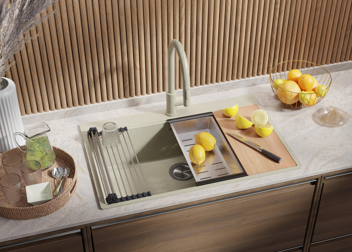 GRANITSPÜLE Oslo, 2-er set Beige 78/50 cm 1 Becken + Küchenarmatur 32/20 cm + Ablauf-Set + Schneidebrett ab 80er Unterschrank - Beige, Kunststoff (78/20/50cm) - Primagran