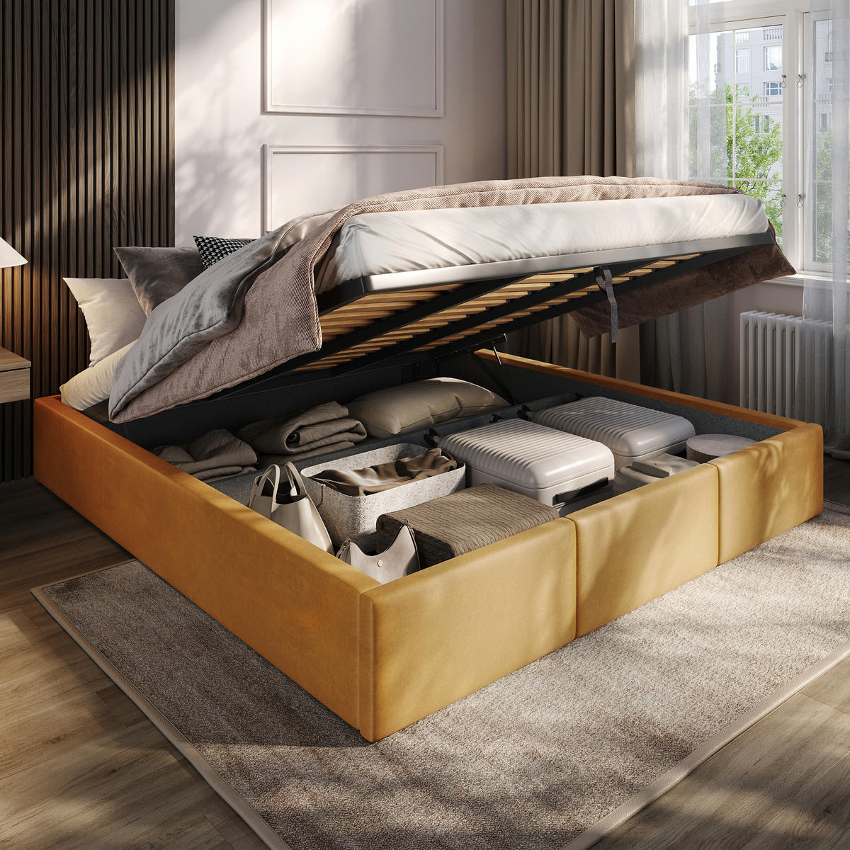 POLSTERBETT für Schlafzimmer Bett mit Stauraum Gelb 180x200cm - Gelb, Holzwerkstoff/Textil (180/200cm) - Muralo