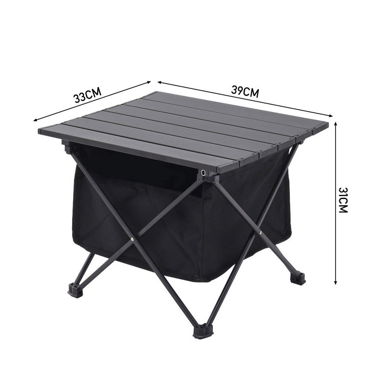 CAMPINGTISCH mit Rollplatte und Aufbewahrungskorb aus Aluminium Oxford-Gewebe Tragbar Kompaktes Faltmaß 39 x 33 x 31cm 1,02 kg - Schwarz, Metall (33/39/31cm) - Livingandhome