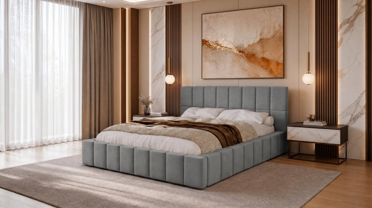 POLSTERBETT 180x200 cm, Alma, Doppelbett mit Bettkasten, Lattenrost aus Holz, Velourstoff, Grau - Grau, Holz/Textil (180/200cm) - Marpur