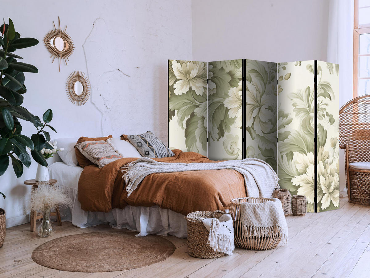 PARAVÁN Obojstranný 5-dielny 225x172 cm Retro Rastliny - zelená, drevo/textil (225/172/3cm) - Muralo