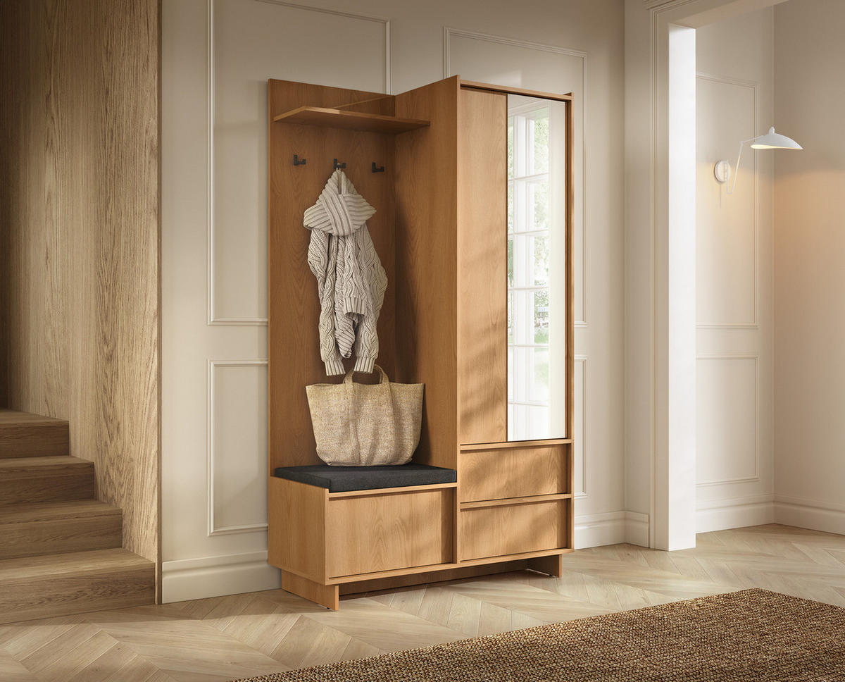 GARDEROBE SUNA 125 cm (Eiche Karamell, Spiegel, Sitzkissen, Push to Open) - Eichefarben, Holz/Holzwerkstoff (125/201/39cm) - Ravio