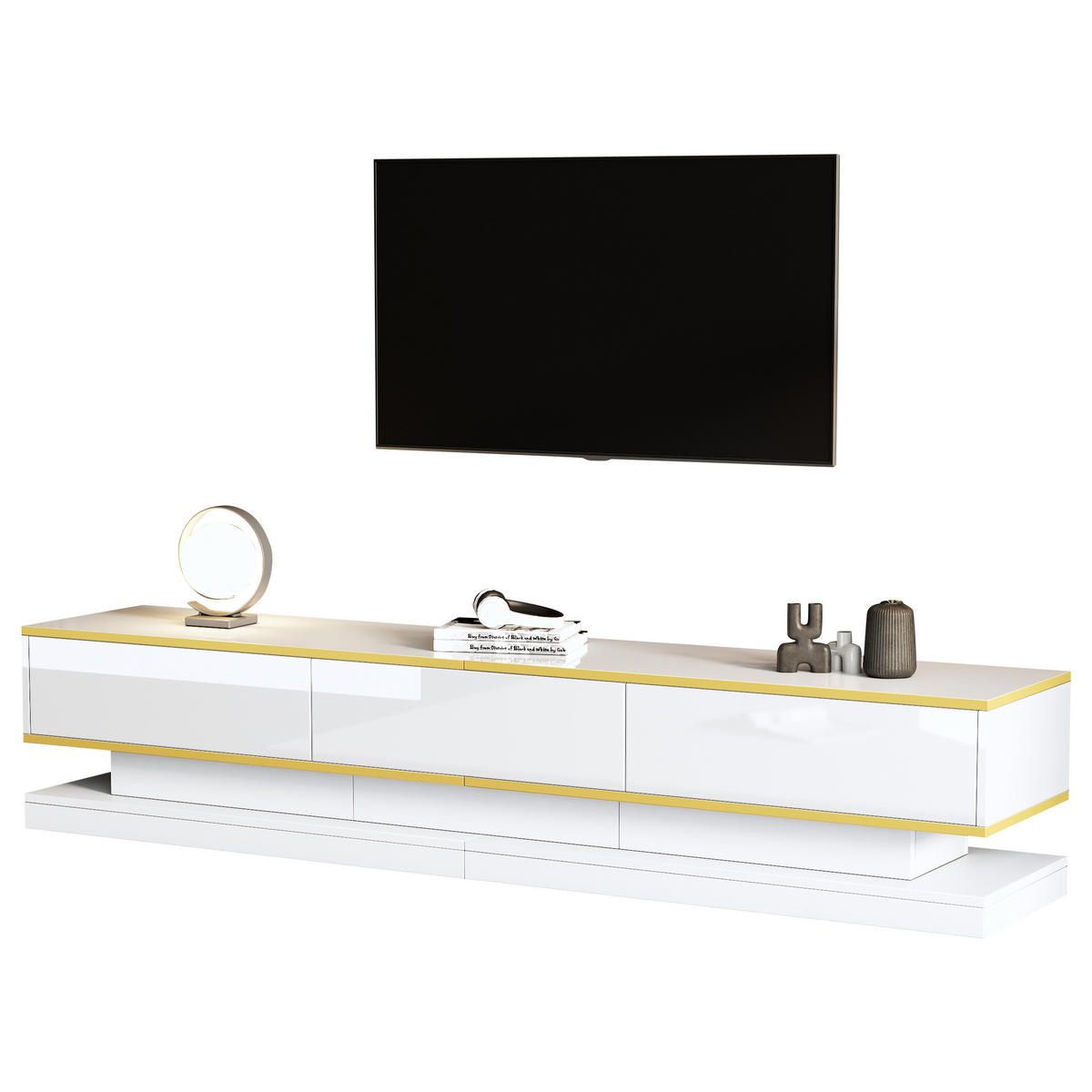 TV-SCHRANK 200x40cm Lowboard 3 Schubladen Hochglanz Weiß goldene Kante - Weiß, Holz (50.5/14/112.5cm) - FLIEKS