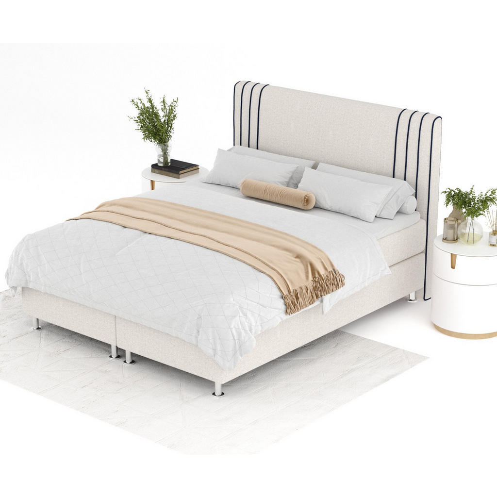 Thumbnail - Maison de Reve Boxspringbett, Beige, Dunkelblau, Textil, Buche, Kiefer, H3, Höhe ca. 21 cm, 140x200 cm, FSC 100%, Made i...