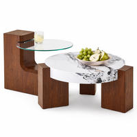 COUCHTISCH in Naturfarbe und Weiß 2er-Set Couchtisch-Kombination für Wohnzimmer, B44/T62/H44 cm, Ø61/H30 cm - Walnussfarben/Weiß, Glas/Holzwerkstoff (61/61/30cm) - STILVORA