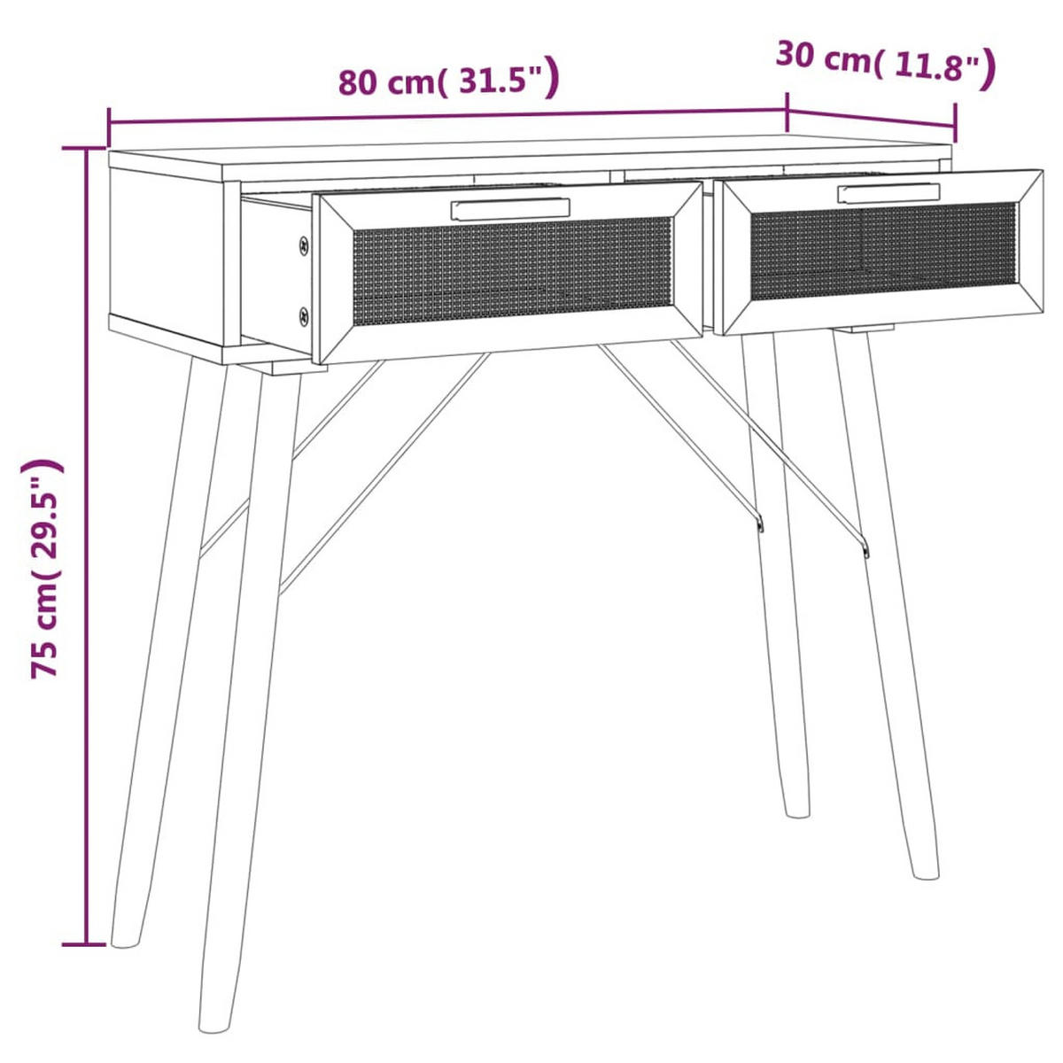 KONSOLENTISCH Braun 80/30/75 Cm Massivholz Kiefer Natur-Rattan - Braun, Holz (80/30/75cm) - vidaXL