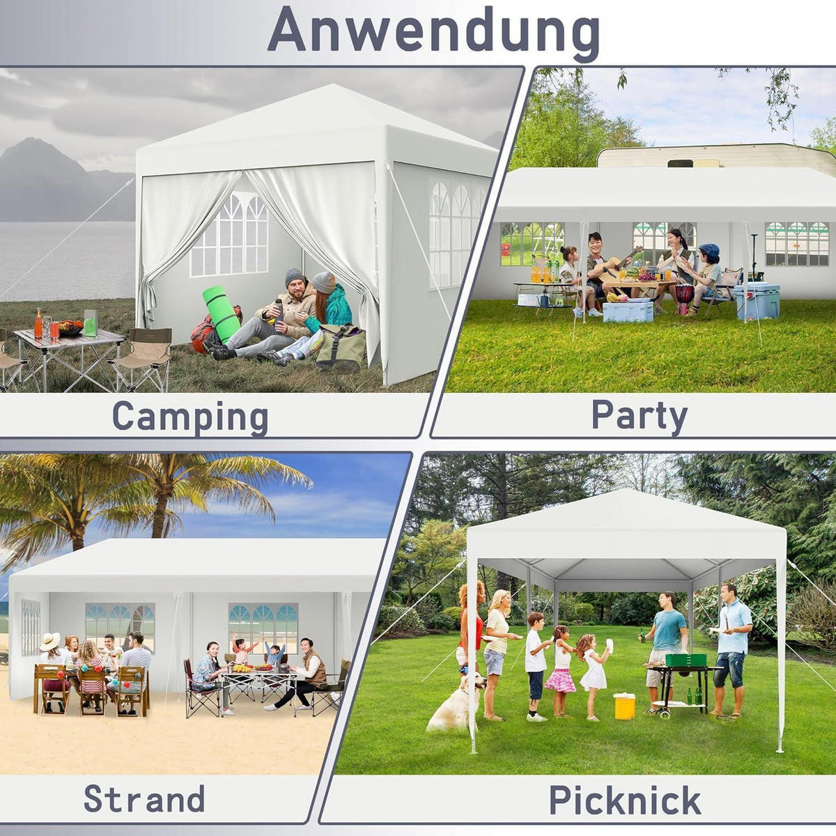 GARTENZELT 3 x 3 m mit Seitenteilen und Fenstern Weiß - Weiß, Textil (300/250/300cm)