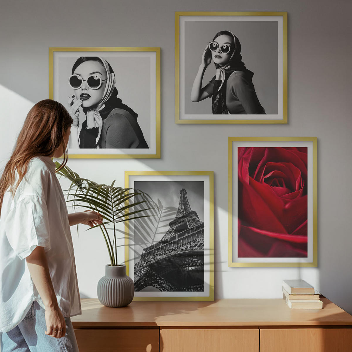 BILDER SET 4er Set - 50x50 cm & 40x60 cm Goldrahmen - Pariserin mit Eiffelturmbrille - Goldfarben, Kunststoff (50/50cm) - TULUP