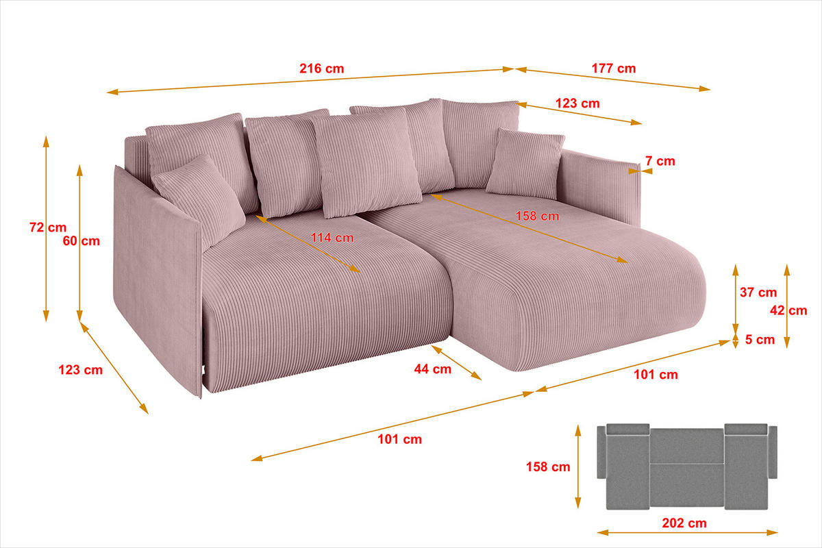ECKSOFA Ottomane rechts ONESK-L 216x177x72 Rosa Cord - Rosa, Holzwerkstoff/Kunststoff (177/216cm) - ALTDECOR