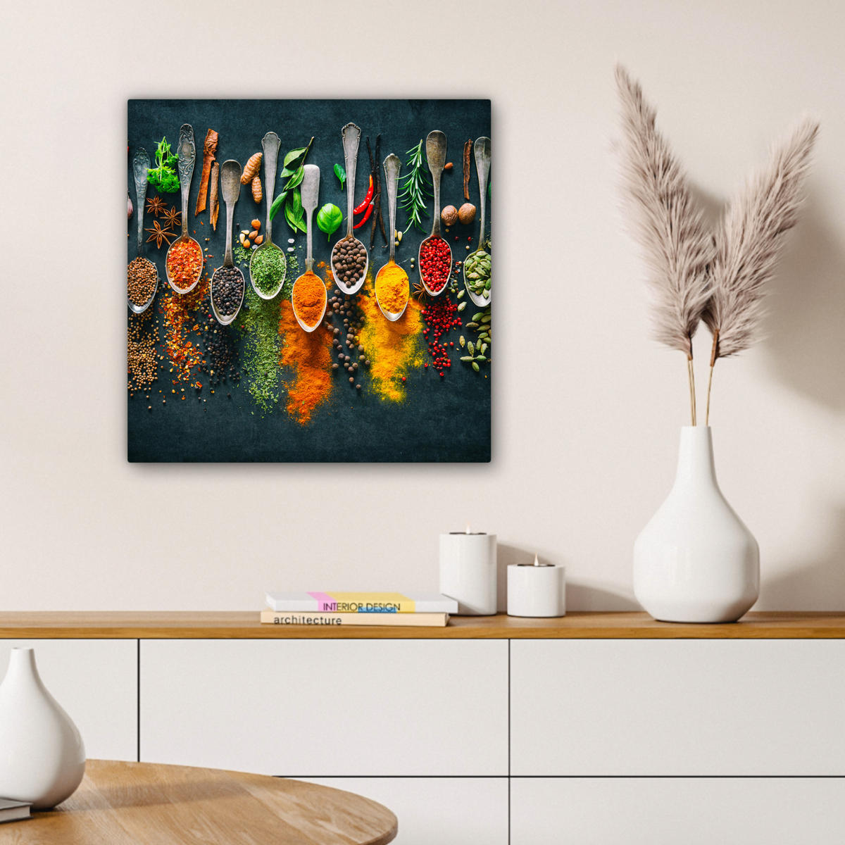 LEINWANDBILD Kräuter - Gewürze - Löffel Wandbild Wohnzimmer 50x50 cm - Currygelb, Textil (50/50cm) - MuchoWow