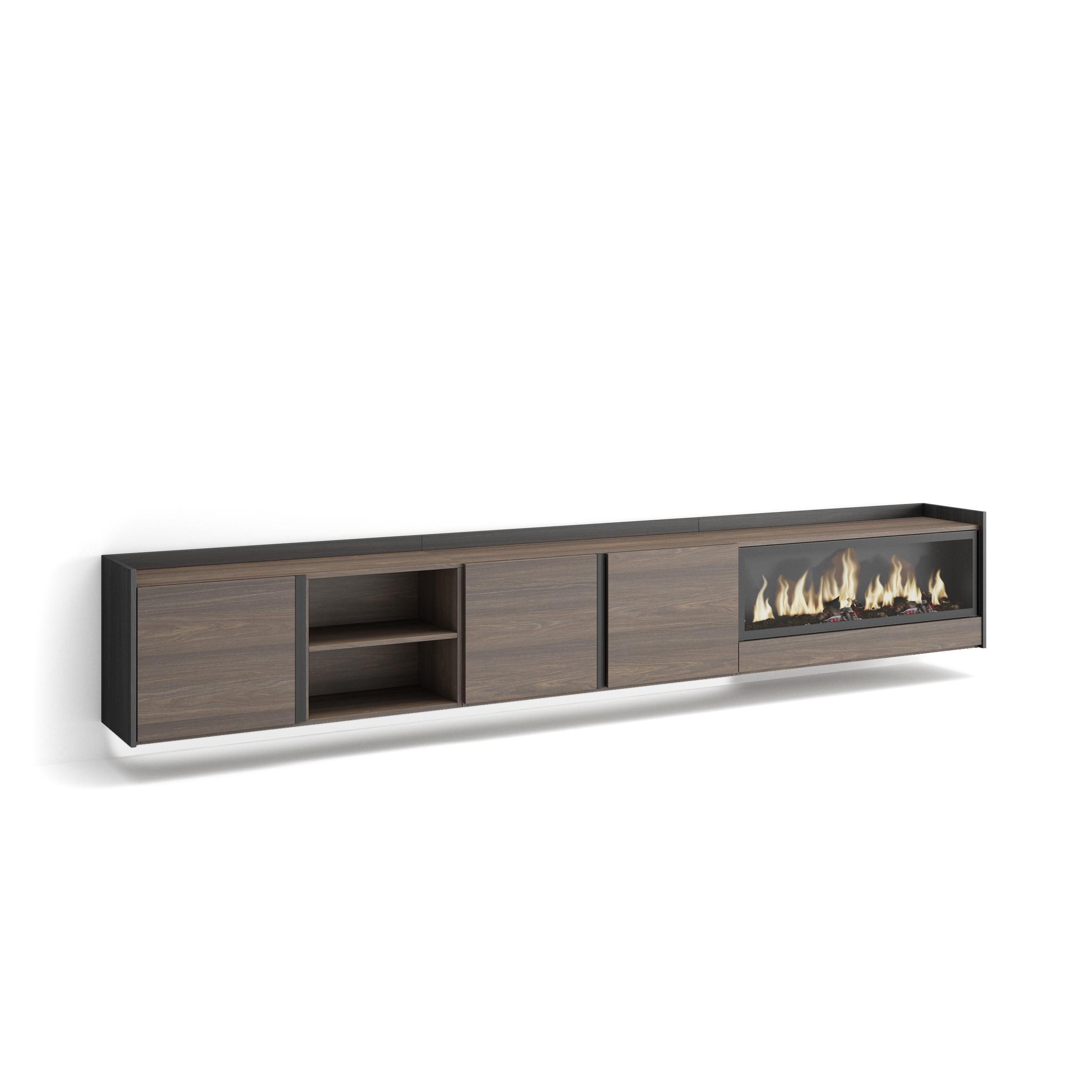 LOWBOARD, Eiche und Schwarz, 315/35/50cm, Kamin mit Feuereffekt XXL - Dunkelbraun, Holzwerkstoff (315/50/35cm) - Skraut Home