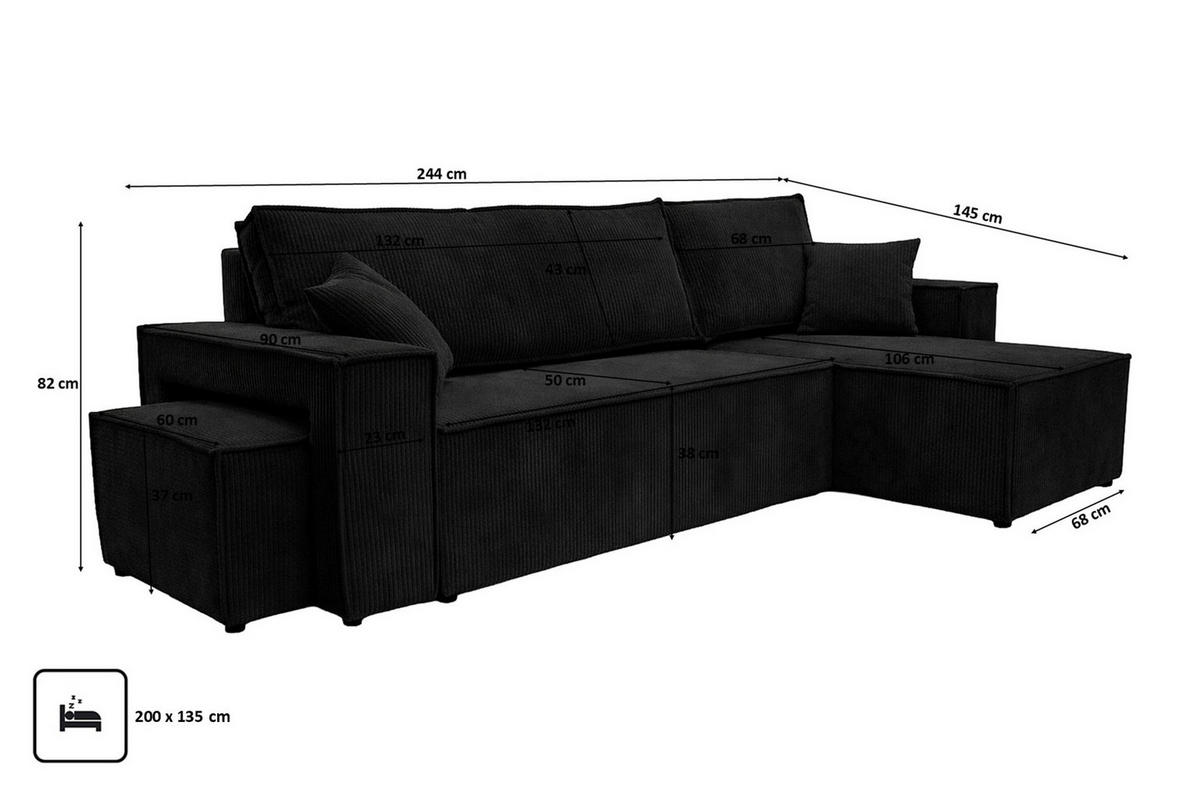ECKSOFA Mit Schlaffunktion Und Pouf, Cordstoff Poso, Schwarz, Rechts, Best L Mit Pouf - Schwarz, Holz (244/145cm) - Kaiser Möbel