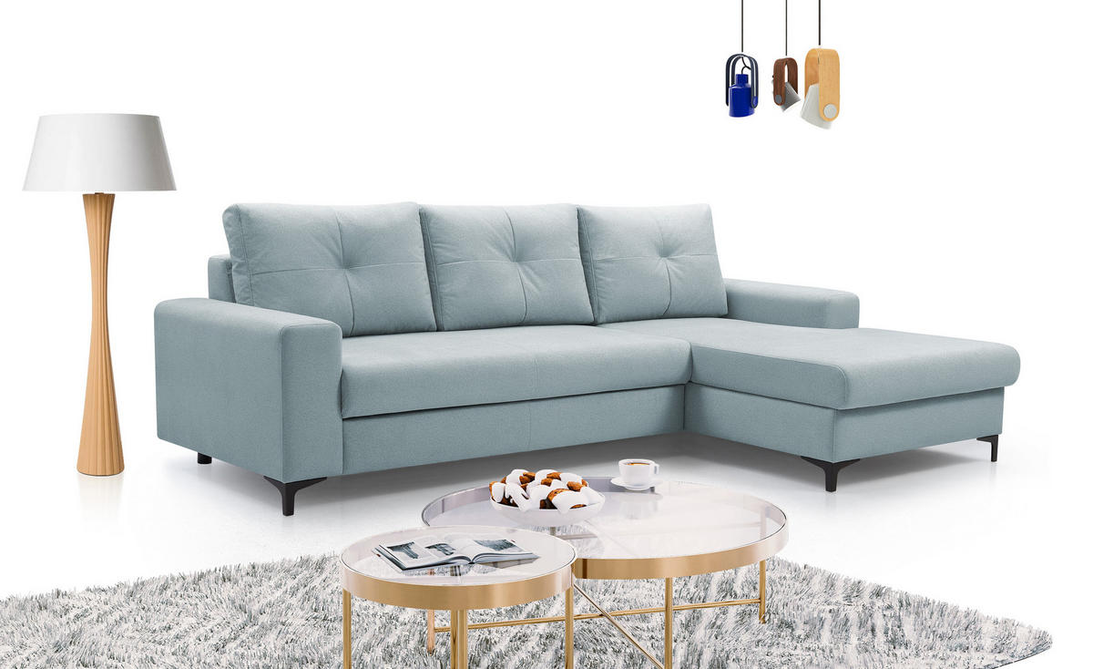 ECKSOFA AVRA L-förmig, mit Stauraumbehälter-in RINO-Stoff, Komfort & Eleganz, lose Rückenkissen, freistehend, RECHTS 251x165x85 cm Light blue - Hellblau, Holz/Textil (251/165cm) - DomoHome