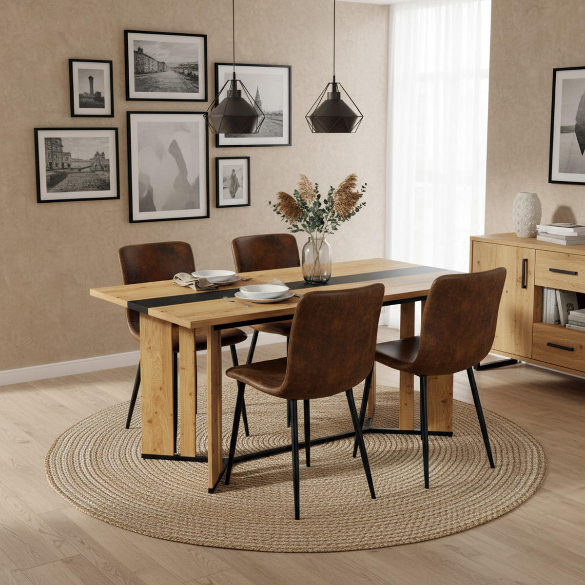 TISCHGRUPPE 5-teilig Design-Esstisch 150 cm Eiche-Optik mit Akzentstreifen & 4 Stühle - Schwarz/Eiche San Remo, Holzwerkstoff/Textil (150/76/80cm) - Urban Meuble